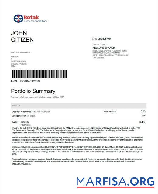 Downloadable India Kotak Mahindra bank account statement word template